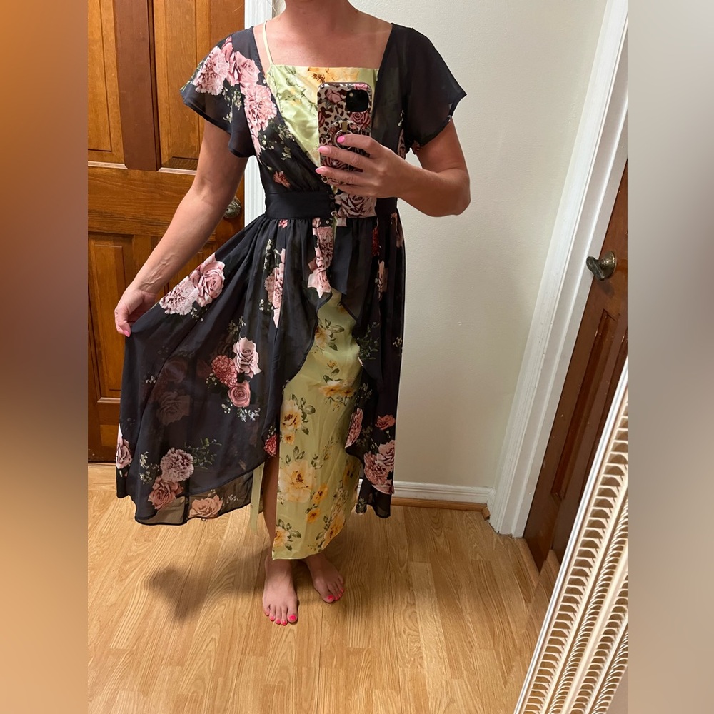 Floral, long open top with Black and Pink Accents